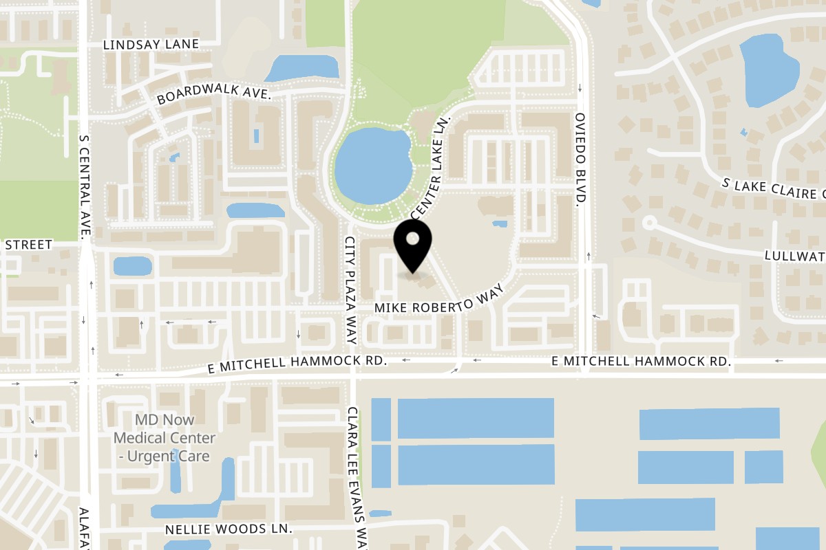 Map showing the location of Grilled Cheezus on 888 City Walk Lane in Oviedo